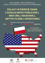 plakat promujacy konkurs “Polacy w świecie znani z działalności publicznej, misyjnej, naukowej, artystycznej i sportowej”