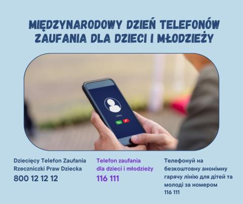 plakat promujący Międzynarodowy Dzień Telefonów Zaufania dla Dzieci i Młodzieży