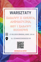 plakat promujący warsztaty z chustą animacyjną